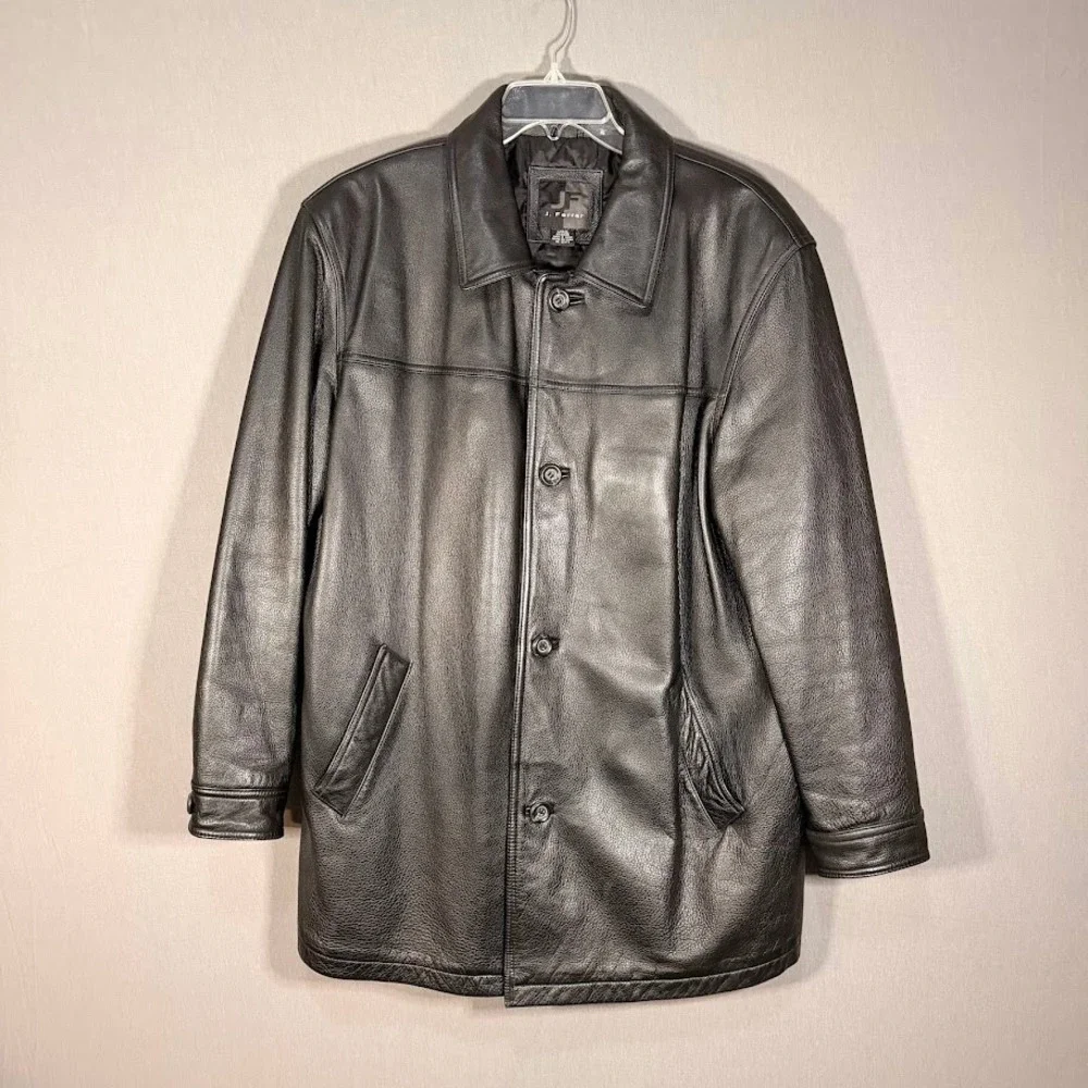 J Ferrar Mens Black Genuine Leather Vintage Car Coat Driving Jacket Button Large